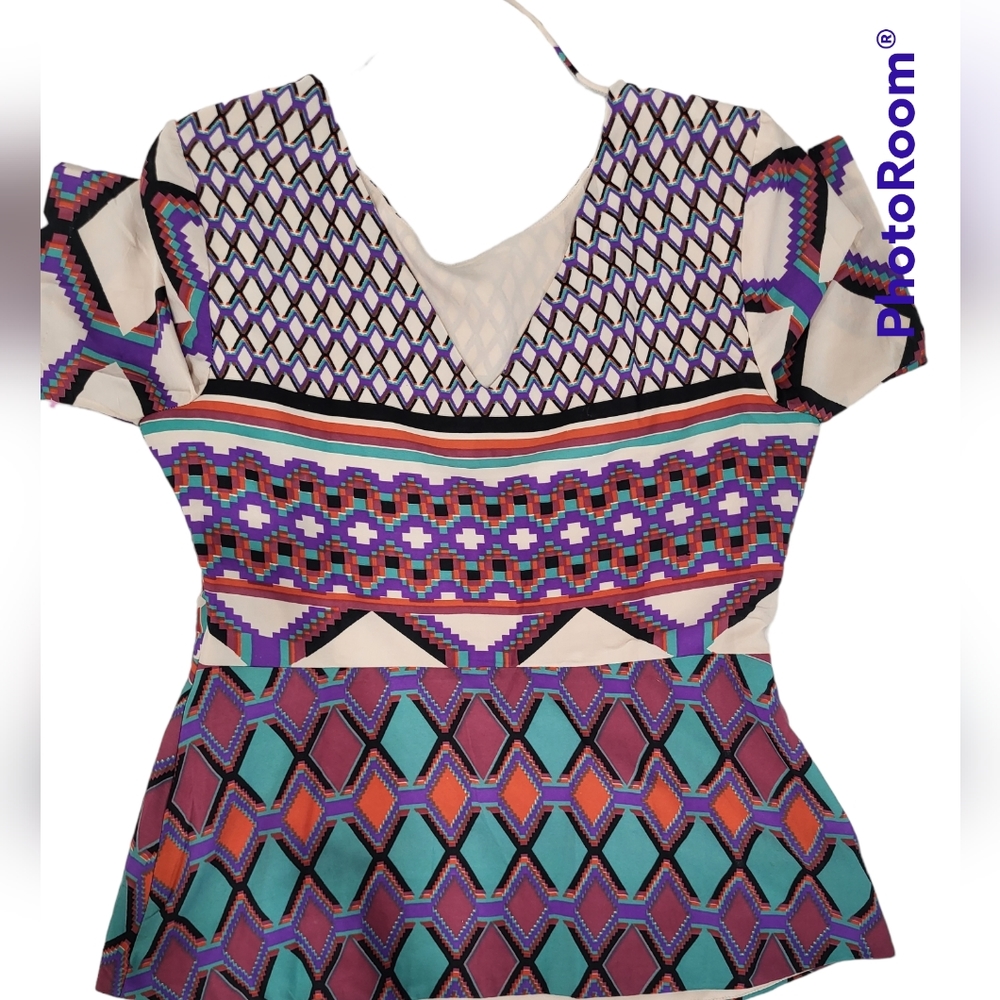 W118 by Walter Baker Multicolored Geometric Peplum Top Sz L